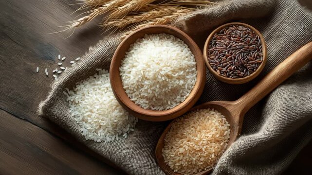 Whole grain and multigrain rice in wooden bowl on a rustic cloth on wooden table