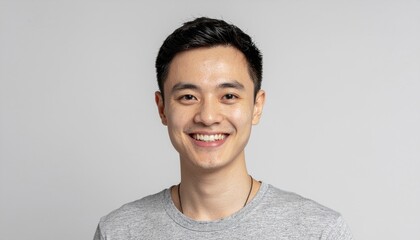 Young Man Smiling Confidently Against A Plain Background in Casual Gray T-Shirt
