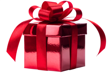 An isolated red gift box wrapped in gold ribbon with a festive bow makes a perfect surprise package for a Christmas, birthday, or Valentine celebration
