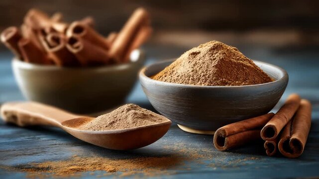 A cinnamon powder on a spoon, Surrounded by cinnamon sticks with a ceramic bowls with cinnamon powder on rustic table with blurred kitchen background