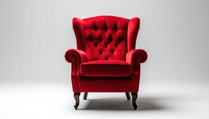 Elegant Red Wingback Chair on White Background in Studio.
