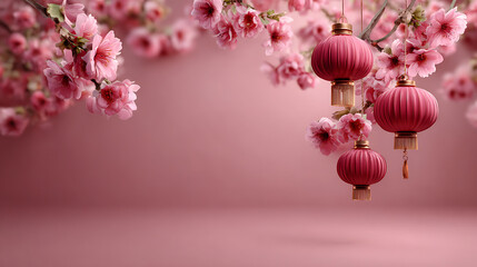Luxury chinese background lantern festive oriental background blossom artful pink cherry branch decor harmony elegance celebration design for greeting card or poster template