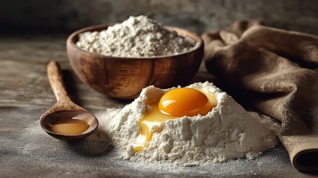 Egg with yolk resting on a mound of flour, next to a bowl of flour and a wooden spoon with a cracked egg in the kitchen