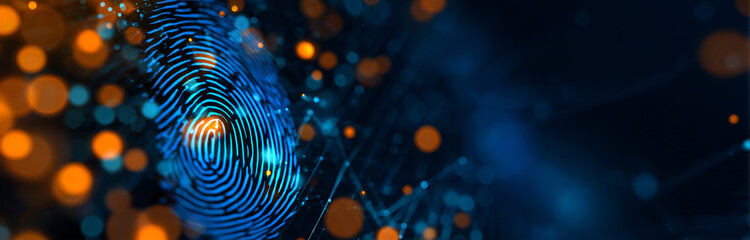 Digital identity representation with biometric fingerprint scan in vibrant blue and orange tones, featuring intricate patterns and textured surface highlighting biometric