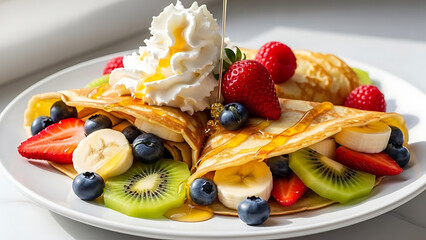 Delicious Crepes Filled with Fresh Fruit and Whipped Cream, Drizzled with Honey