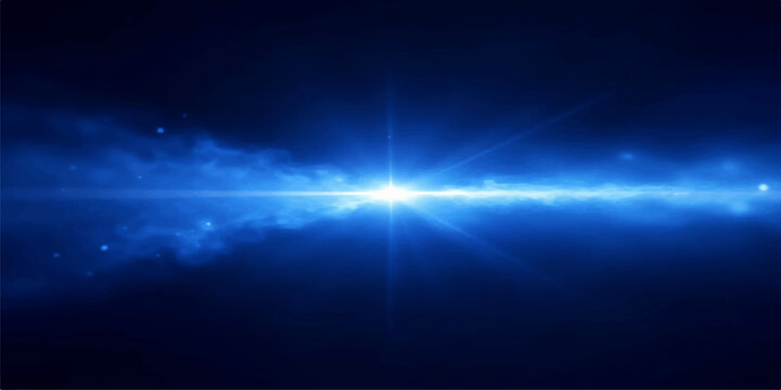 Abstract blue background with rays of light and digital motion energy flares across a dark night sky backdrop featuring bright stars and glowing wave design art