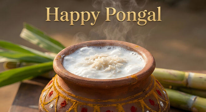 Happy pongal celebration greeting card with pongal pot and sugar cane in the background.