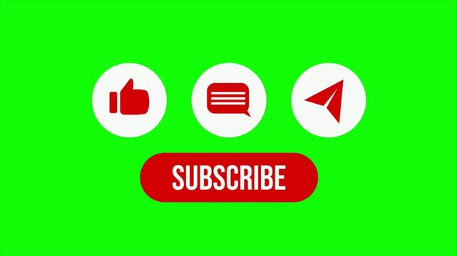 Green screen social media subscribe button animation with like comment share icons for youtube channel promotion and digital marketing video