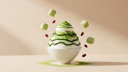 Refreshing Green Tea Flavored Shaved Ice Dessert Topped with Cream and Berries