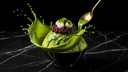 Dynamic splash of vibrant green tea dessert with sweet red beans and chewy mochi, elegantly presented in a dark bowl on a luxurious marble surface, highlighting its refreshing and delightful appeal