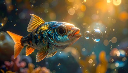 Vibrant fish swimming in a colorful underwater scene with bokeh lights.