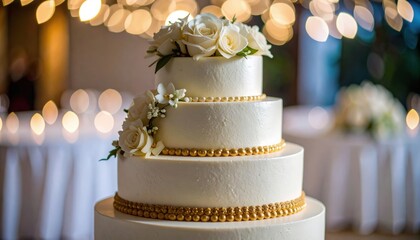 Elegant three-tiered wedding cake adorned with white roses.