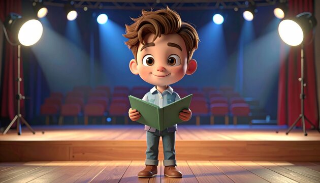 Cartoon boy reading a script on a theater stage with spotlights.