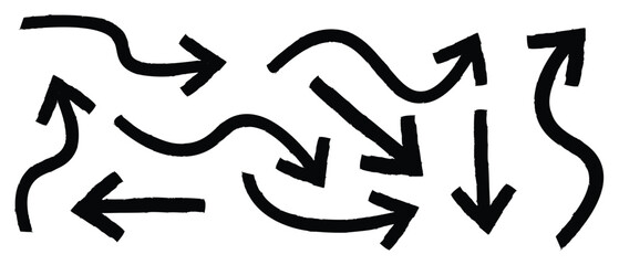 Hand drawn doodle thick arrows in different directions Collection. down shape chalk texture element set. doodle marker thick arrows, Black arrows flat icons. 