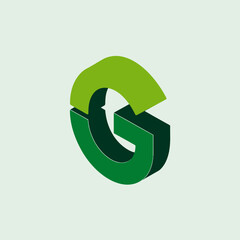 Isometric 3 D green and dark green circular with a white gap