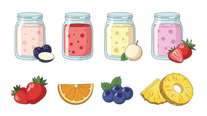 Assorted fruit yogurt jars with flavors like blueberry, strawberry, vanilla, and cherry, accompanied by fresh fruit pieces.