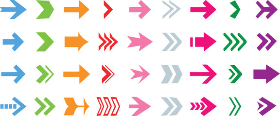 Colorful arrows, Simple arrow big set. Arrow. Cursor. Arrow vector icon. Simple arrow set. Set different cursor arrow direction symbols in flat style.