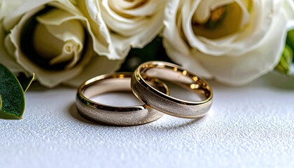 Elegant Wedding Rings and White Roses - A Symbol of Love and Commitment.