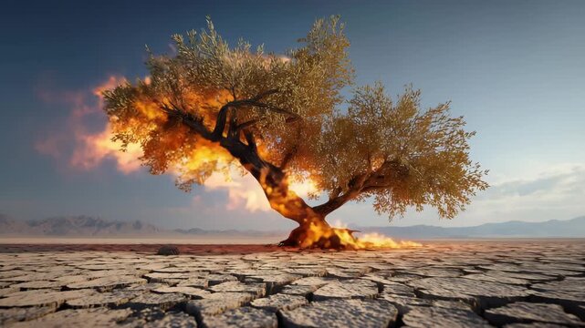 A large burning tree, on landscape of dry cracked soil