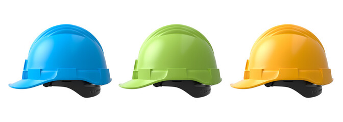 Set of construction safety helmets isolated on white transparent background, symbolizing safety and industry standards