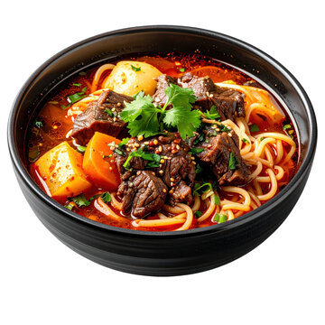 Savory uighur lagman with beef in a flavorful broth, expertly captured on a dark plate and isolated on a white background