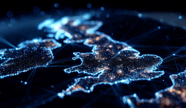 Digital interconnected map of the united kingdom with glowing blue network lines and illuminated regions highlighting connectivity and technological infrastructure