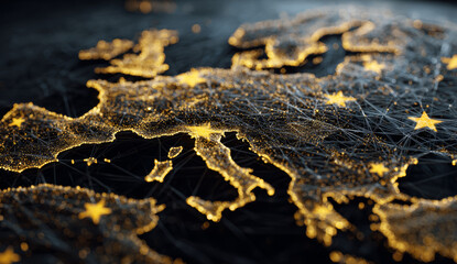 Digital map of the european union with yellow stars highlighting member countries, interconnected with network of lines and points, representing unity and digital connectivity