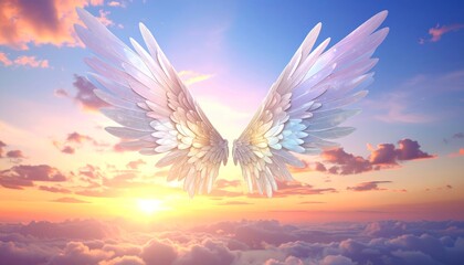 Angel Wings Spread Wide Against a Vibrant Sunset Sky.