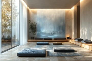 Modern home living room interior with armchairs and a panoramic window, ideal for a mockup frame to showcase customizable content, Generative AI