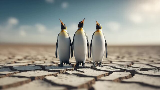 Three penguins standing on cracked earth