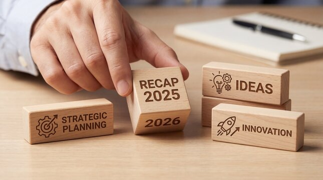 2025 Recap and 2026 Business Planning Concept on Wooden Blocks