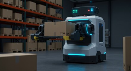 Autonomous Warehouse Robot Handling Cardboard Box in Modern Facility