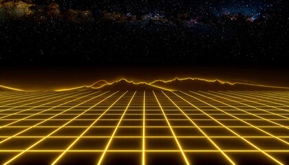 Glowing yellow grid pattern on dark background with starry night sky.