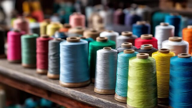 Different colors thread bundles, and silk threads on the table manufacturing in garment factory