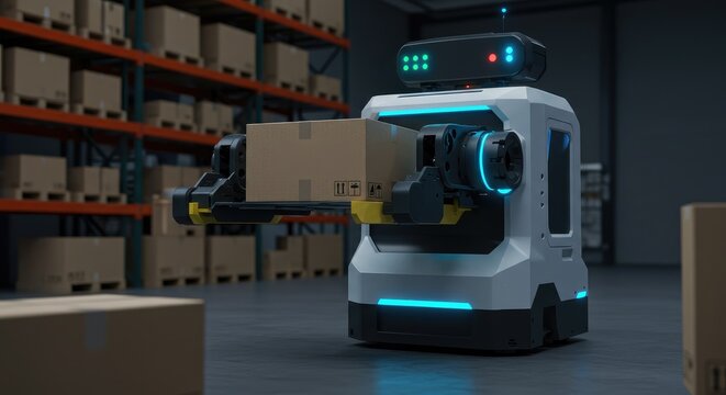 Autonomous Warehouse Robot Handling Cardboard Box in Modern Facility - Powered by Adobe