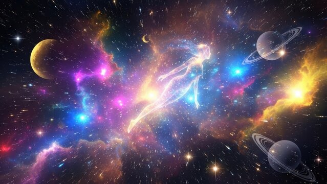Ethereal cosmic journey with a luminous spirit floating through a vibrant stardust galaxy