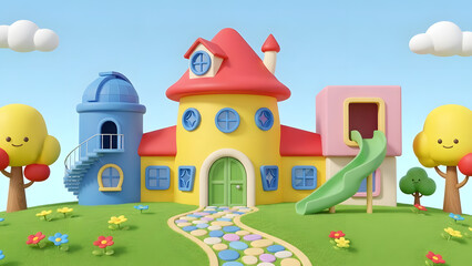 An illustration of a fairy tale castle and cottage house on a hill featuring cartoon architecture with a green garden and vector trees under a blue sky