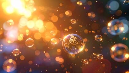 Glowing bubbles floating in the air with warm light.