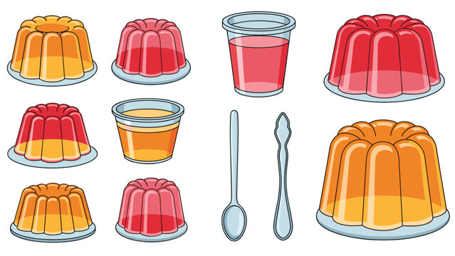 Colorful gelatin desserts in various flavors and shapes shown in cups and on plates with spoons for a sweet pudding treat collection.