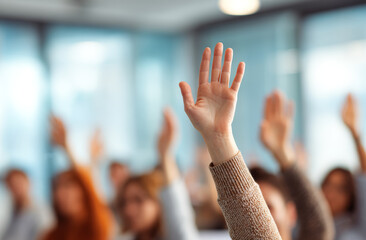 Diverse group of business people raising their hands in a modern office setting, emphasizing participation and engagement in a professional environment