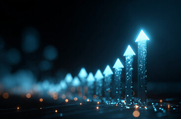Digital upward trending arrow graph with glowing blue effects representing growth and progress in technology or business analytics