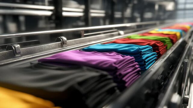 T-shirts in different colors process on a conveyor belt, ready for filling and distribution