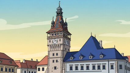 Fototapeta premium Clock tower with blue roofed building in european town square at sunset with clear blue and yellow sky with architecture with cityscape