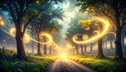 Mystical forest pathway with glowing swirls and trees under a radiant sky.