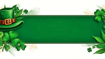 A Blank Elegant St Patricks Day Green Banner  for Customised Text With Leprechaun Hat And Shamrock Frame For Holiday Branding And Festive Marketing