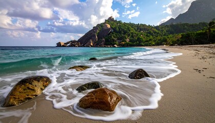 Tropical beach with waves and rocks on the shore.