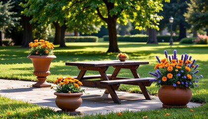 Serene Park Scene with Picnic Table and Colorful Flowers