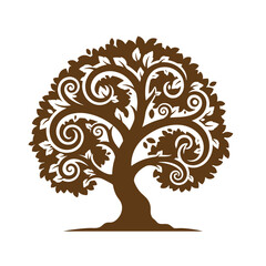 Vintage Brown tree with curly branches and leaves on transparent background
