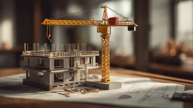 Small model of a construction crane standing on the building plans, next to it is a concrete frame of a two story house