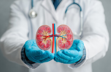 Doctor in blue gloves holding a detailed anatomical model of human kidneys with dramatic detail vessels and internal structures